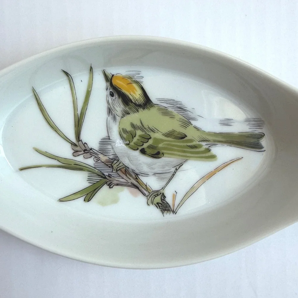 Enesco Song Bird Fine China Trinket Dish Set of 2 Oval Bird Plates Vintage 1978